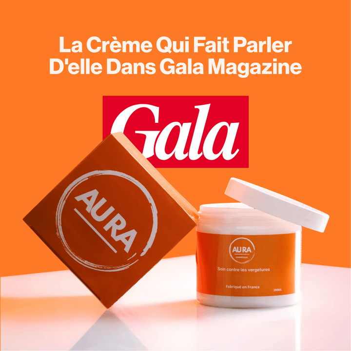 Aura anti-vergetures cream featured in Gala Magazine, packaging displayed on bright orange background.